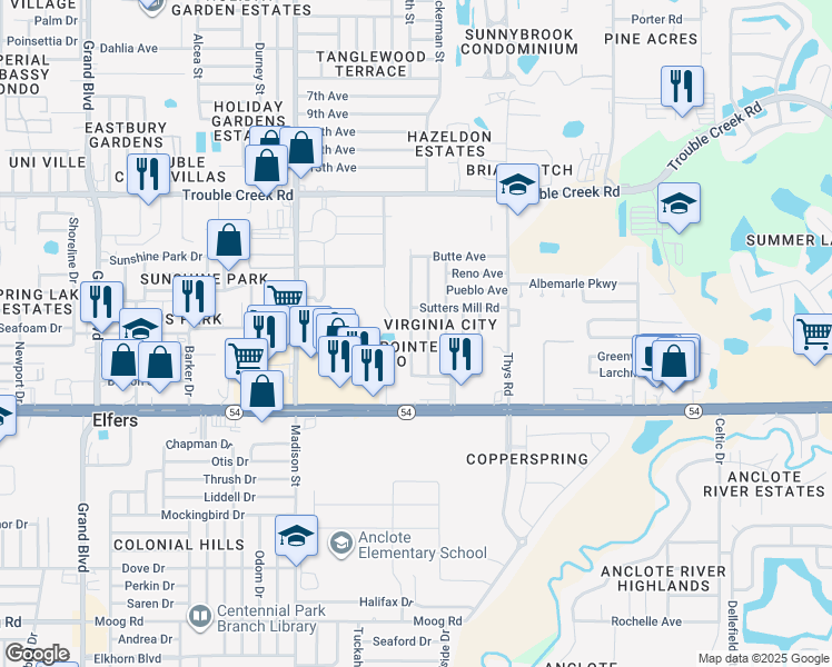 map of restaurants, bars, coffee shops, grocery stores, and more near 4134 Mesa Drive in New Port Richey