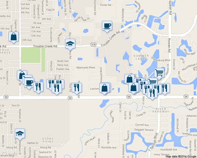 map of restaurants, bars, coffee shops, grocery stores, and more near 6704 Ranchwood Loop in New Port Richey
