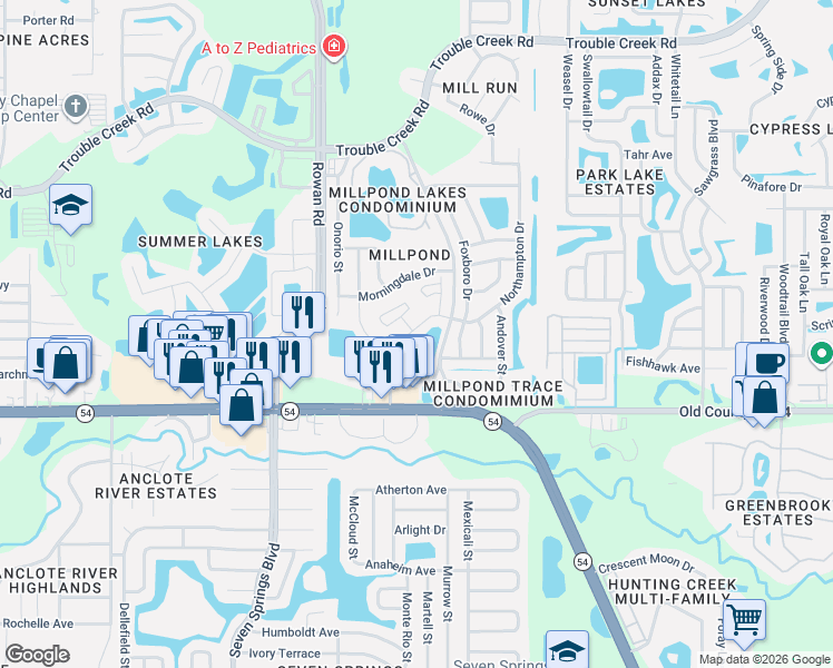 map of restaurants, bars, coffee shops, grocery stores, and more near 7634 Balharbour Drive in New Port Richey