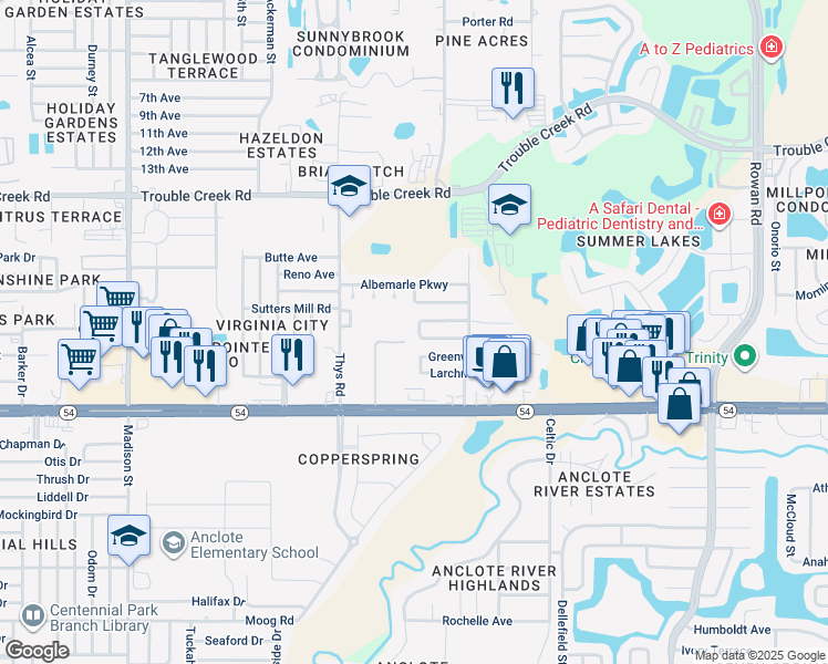 map of restaurants, bars, coffee shops, grocery stores, and more near 6723 Ranchwood Loop in New Port Richey