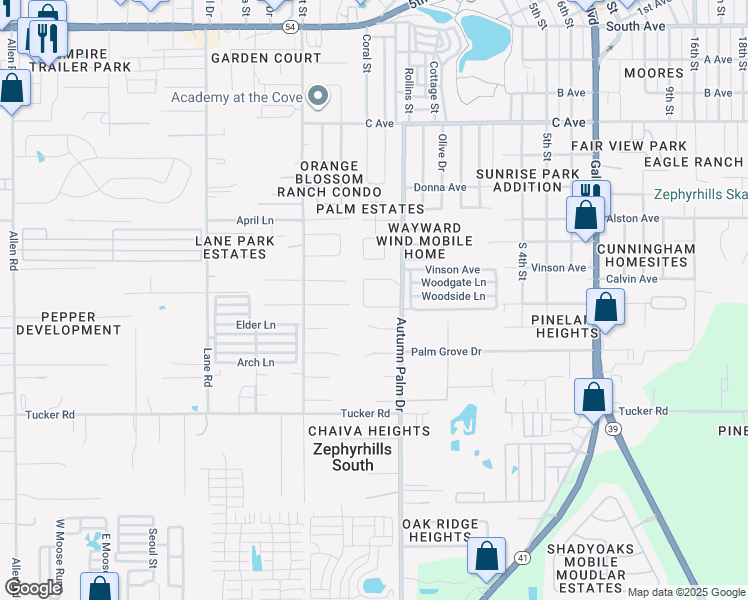 map of restaurants, bars, coffee shops, grocery stores, and more near 4221 Autumn Palm Drive in Zephyrhills