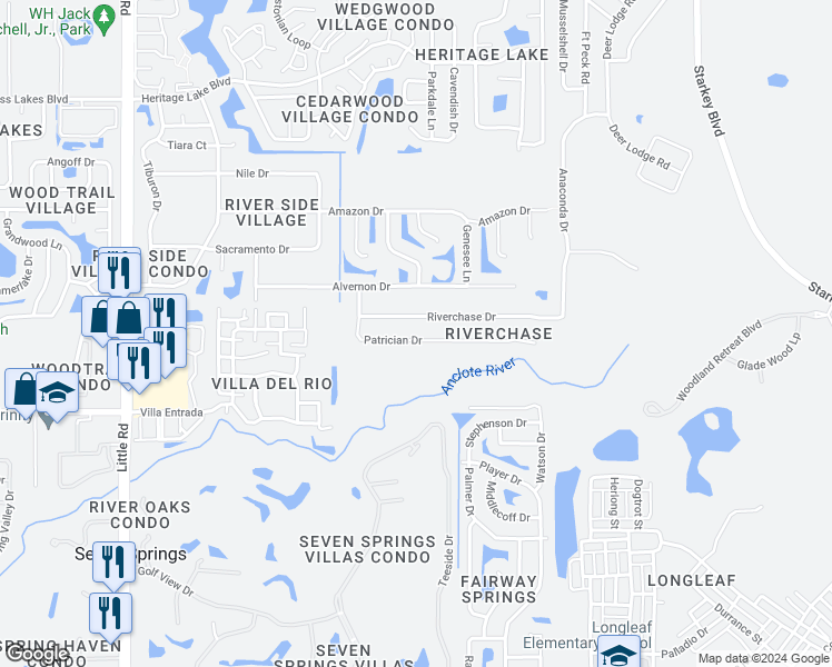 map of restaurants, bars, coffee shops, grocery stores, and more near 9643 Patrician Drive in New Port Richey
