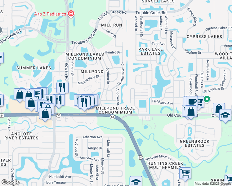 map of restaurants, bars, coffee shops, grocery stores, and more near 4128 Randolph Street in New Port Richey