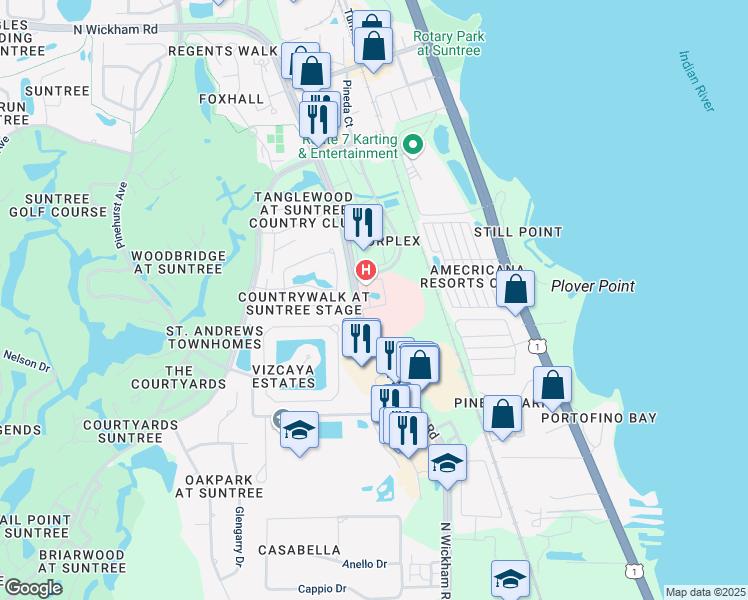 map of restaurants, bars, coffee shops, grocery stores, and more near 6609 North Wickham Road in Melbourne
