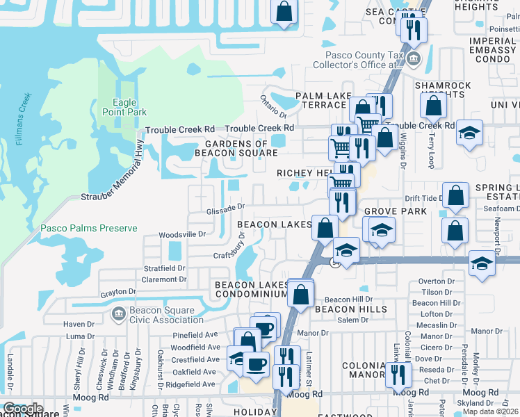map of restaurants, bars, coffee shops, grocery stores, and more near 4501 Tidal Pond Road in New Port Richey