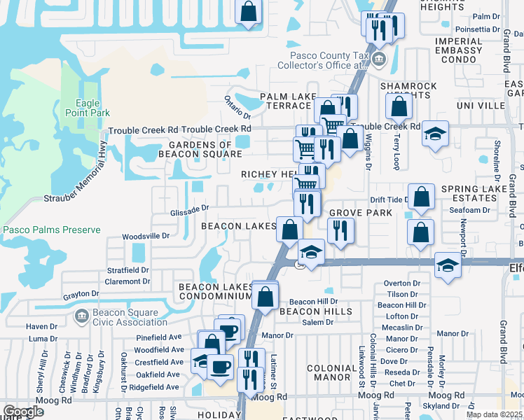 map of restaurants, bars, coffee shops, grocery stores, and more near 4550 Glissade Drive in New Port Richey