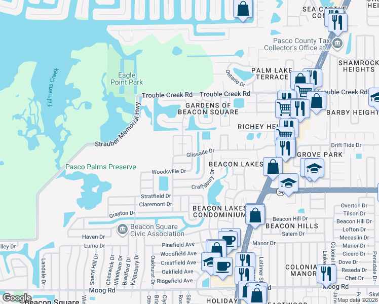 map of restaurants, bars, coffee shops, grocery stores, and more near 4280 Woodsville Drive in New Port Richey
