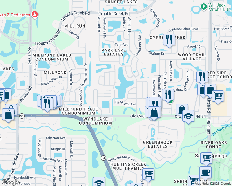 map of restaurants, bars, coffee shops, grocery stores, and more near 4146 Swallowtail Drive in New Port Richey