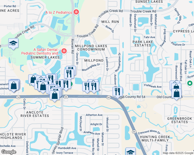 map of restaurants, bars, coffee shops, grocery stores, and more near 7634 Balharbour Drive in New Port Richey