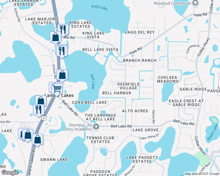 map of restaurants, bars, coffee shops, grocery stores, and more near 4320 Libby Lane in Land O' Lakes