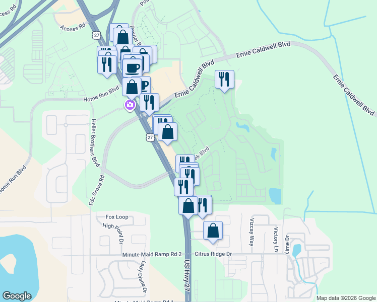 map of restaurants, bars, coffee shops, grocery stores, and more near 207 Saint George Drive in Davenport