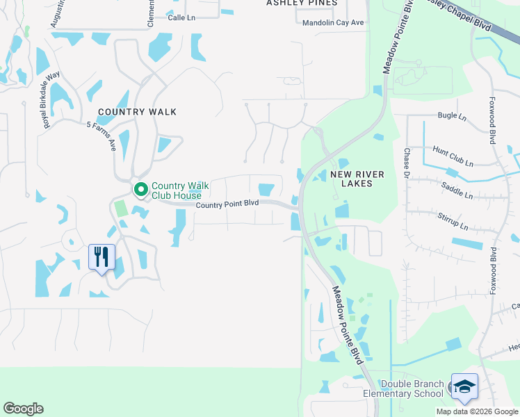 map of restaurants, bars, coffee shops, grocery stores, and more near 4322 Kingsmill Court in Wesley Chapel