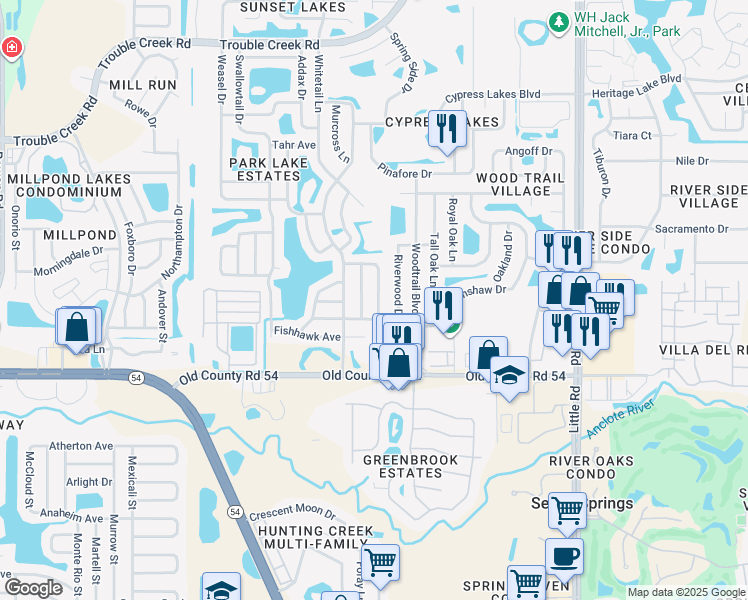 map of restaurants, bars, coffee shops, grocery stores, and more near 4173 Raccoon Loop in New Port Richey