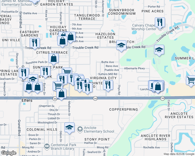 map of restaurants, bars, coffee shops, grocery stores, and more near 4134 Mesa Drive in New Port Richey