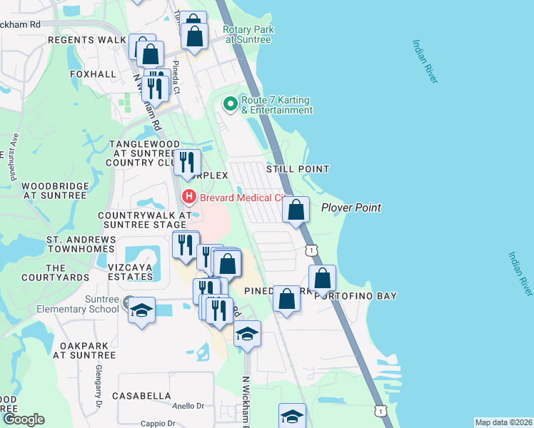 map of restaurants, bars, coffee shops, grocery stores, and more near 116 Chicago Way in Rockledge