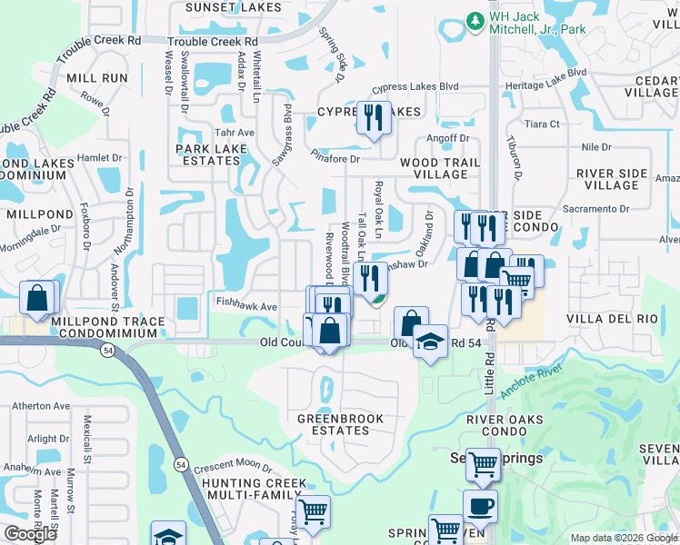 map of restaurants, bars, coffee shops, grocery stores, and more near 4131 Riverwood Drive in New Port Richey