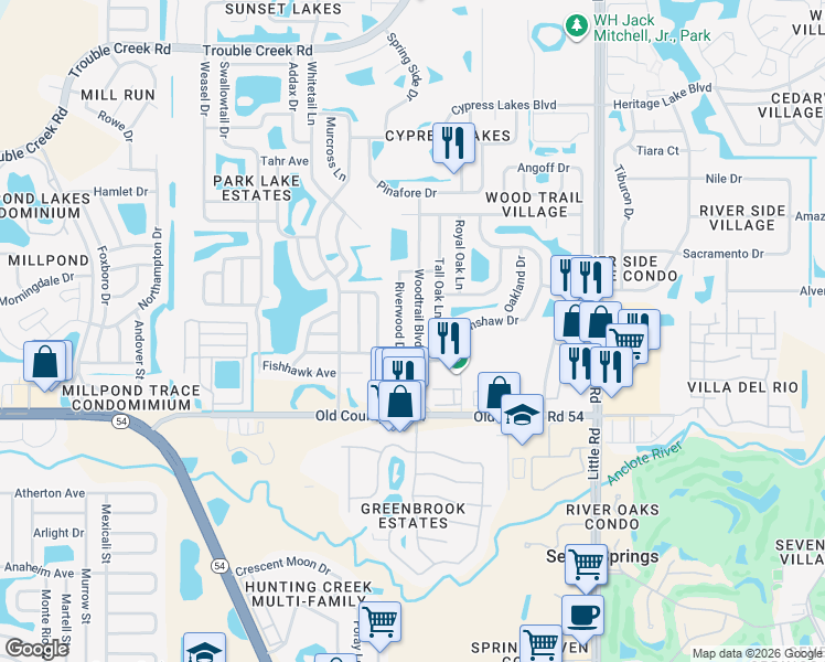 map of restaurants, bars, coffee shops, grocery stores, and more near 4153 Woodtrail Boulevard in New Port Richey