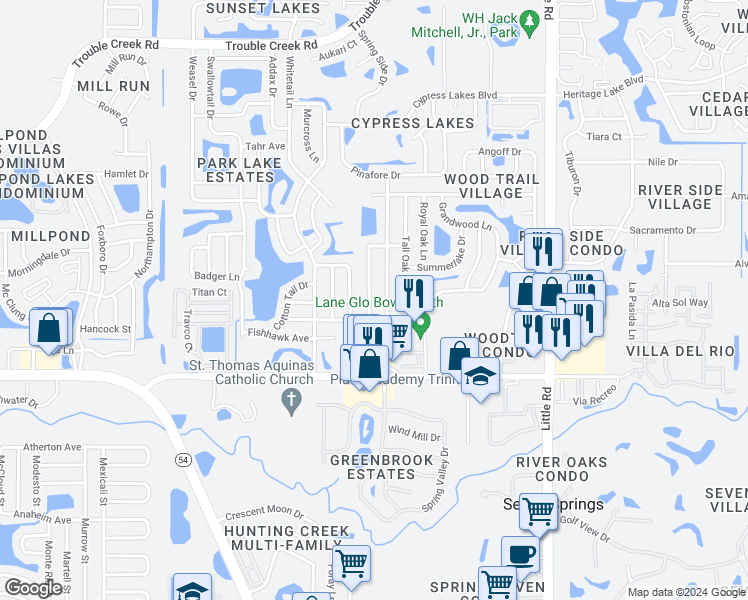 map of restaurants, bars, coffee shops, grocery stores, and more near 4152 Riverwood Drive in New Port Richey