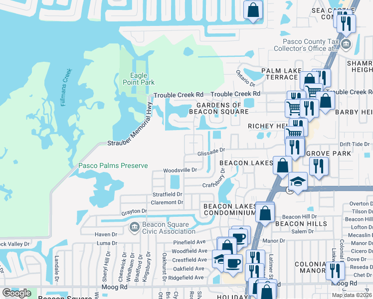 map of restaurants, bars, coffee shops, grocery stores, and more near 4212 Glissade Drive in New Port Richey