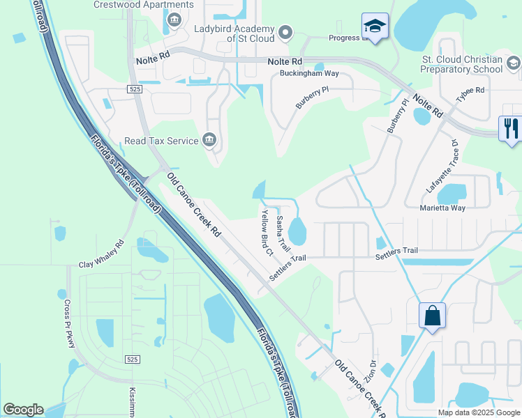 map of restaurants, bars, coffee shops, grocery stores, and more near 3618 Yellow Bird Court in Saint Cloud
