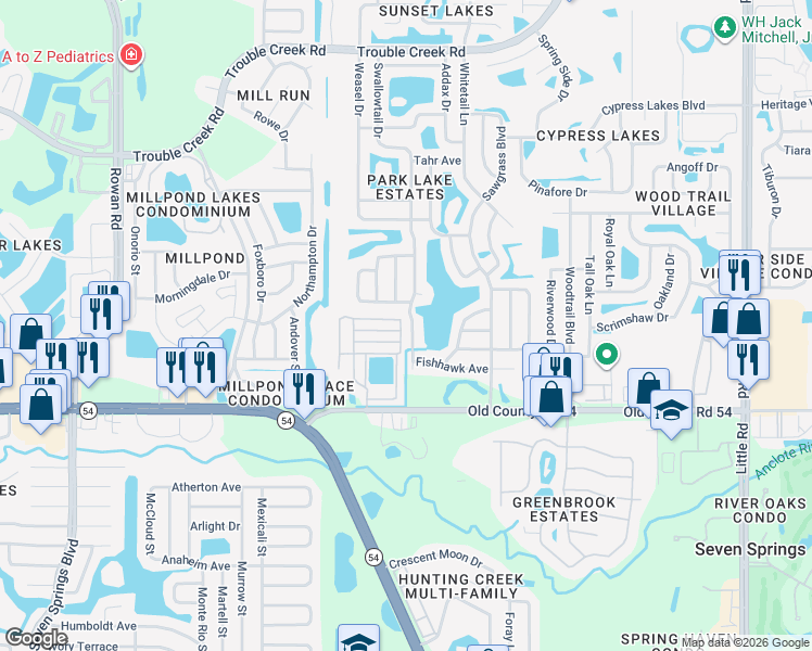 map of restaurants, bars, coffee shops, grocery stores, and more near 4133 Swallowtail Drive in New Port Richey