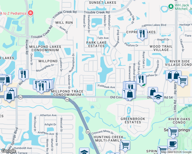 map of restaurants, bars, coffee shops, grocery stores, and more near 4153 Swallowtail Drive in New Port Richey