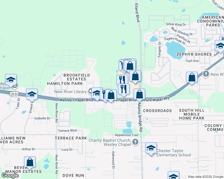 map of restaurants, bars, coffee shops, grocery stores, and more near 4301 Point Cypress Blvd in Zephyrhills