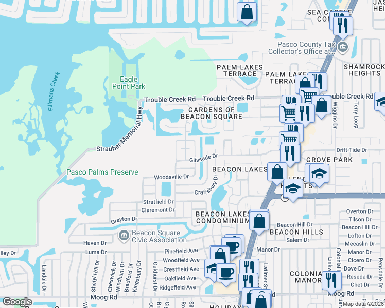 map of restaurants, bars, coffee shops, grocery stores, and more near 4209 Tamargo Drive in New Port Richey