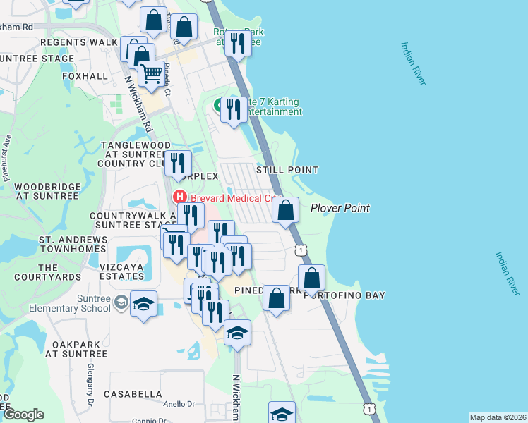 map of restaurants, bars, coffee shops, grocery stores, and more near 76 New York Way in Rockledge