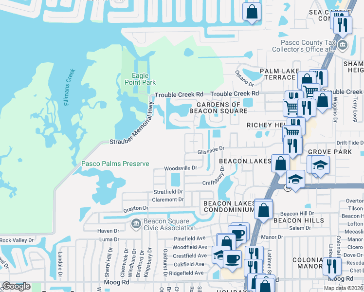 map of restaurants, bars, coffee shops, grocery stores, and more near 4137 Glissade Drive in Port Richey