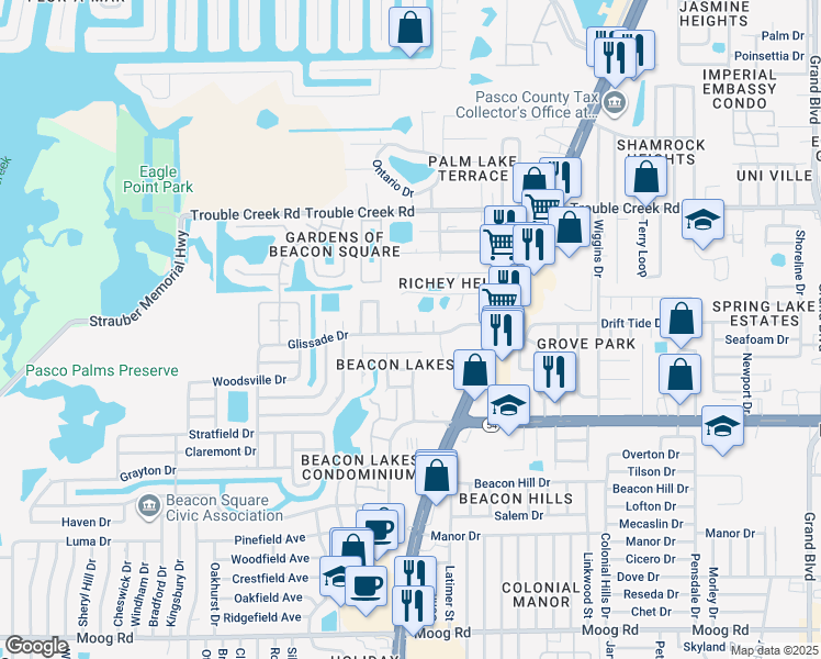 map of restaurants, bars, coffee shops, grocery stores, and more near 4550 Glissade Drive in New Port Richey