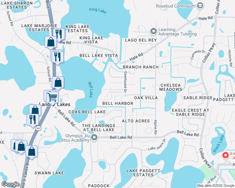 map of restaurants, bars, coffee shops, grocery stores, and more near 22205 Breaker Point Lane in Land O' Lakes