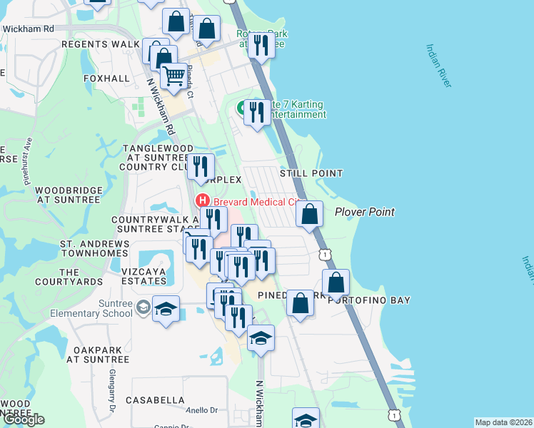 map of restaurants, bars, coffee shops, grocery stores, and more near 223 Cleveland Way in Rockledge