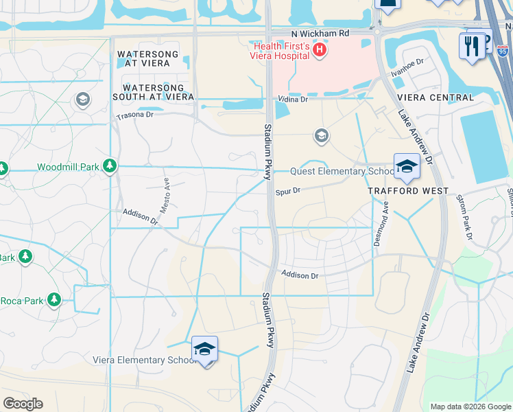 map of restaurants, bars, coffee shops, grocery stores, and more near 2623 Spur Drive in Melbourne