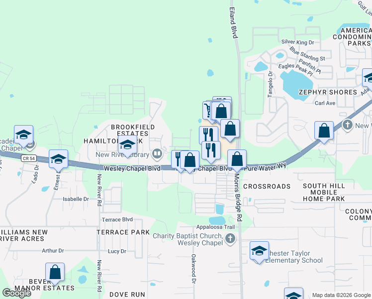 map of restaurants, bars, coffee shops, grocery stores, and more near 4301 Point Cypress Blvd in Zephyrhills