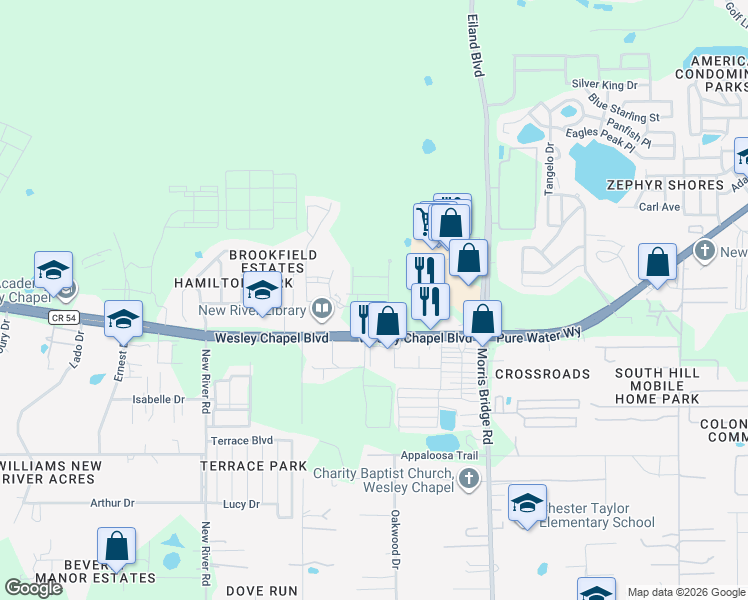 map of restaurants, bars, coffee shops, grocery stores, and more near 34196 Rogallo Lane in Wesley Chapel