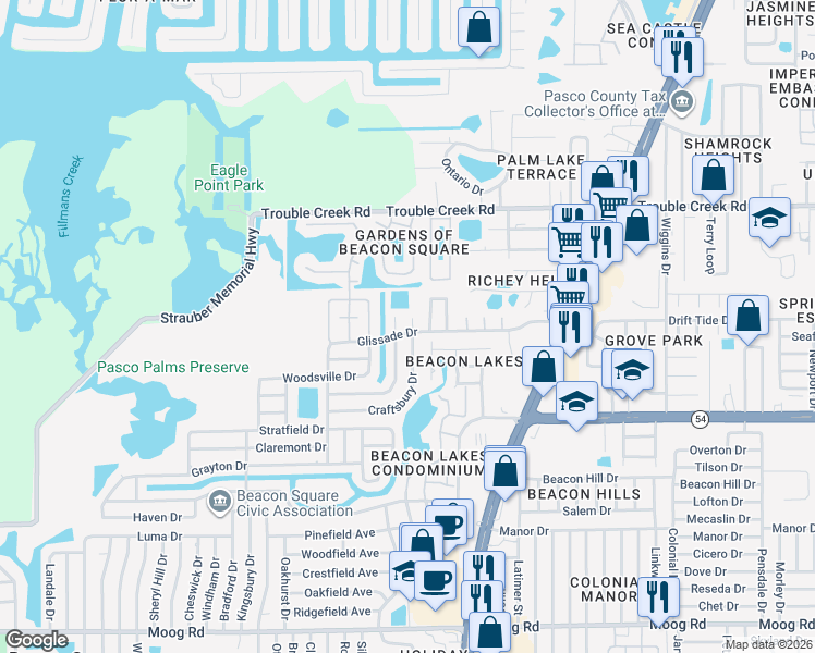 map of restaurants, bars, coffee shops, grocery stores, and more near 4394 Craftsbury Drive in New Port Richey