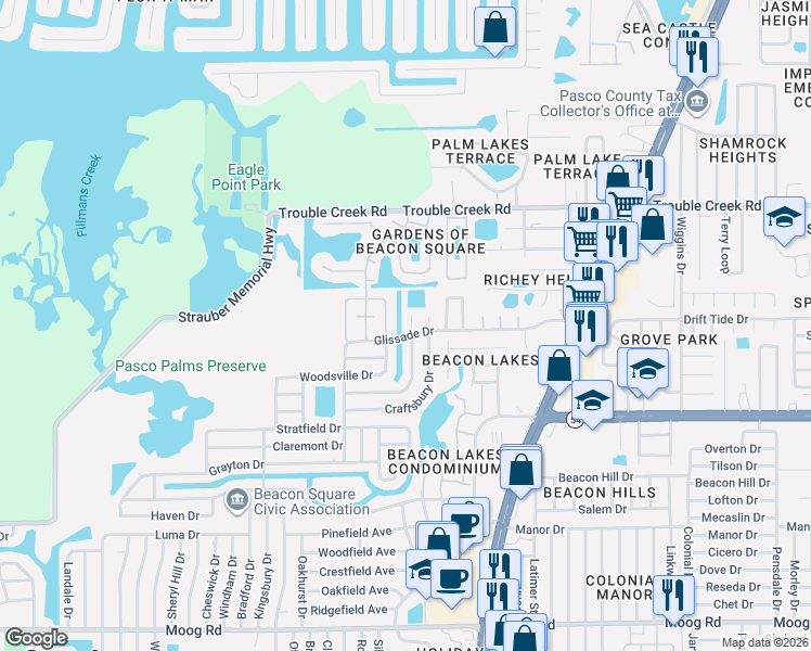 map of restaurants, bars, coffee shops, grocery stores, and more near 4280 Woodsville Drive in New Port Richey
