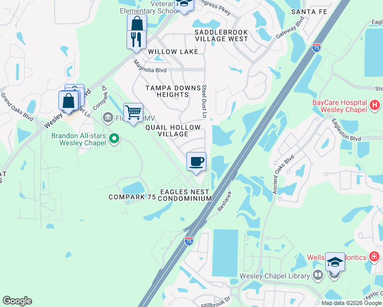 map of restaurants, bars, coffee shops, grocery stores, and more near 26852 Carmen Place in Lutz