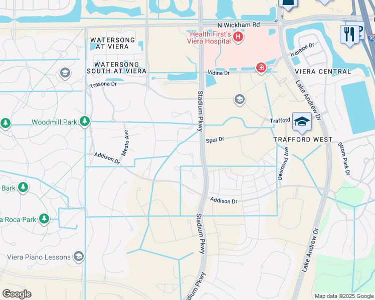 map of restaurants, bars, coffee shops, grocery stores, and more near 2623 Spur Drive in Melbourne