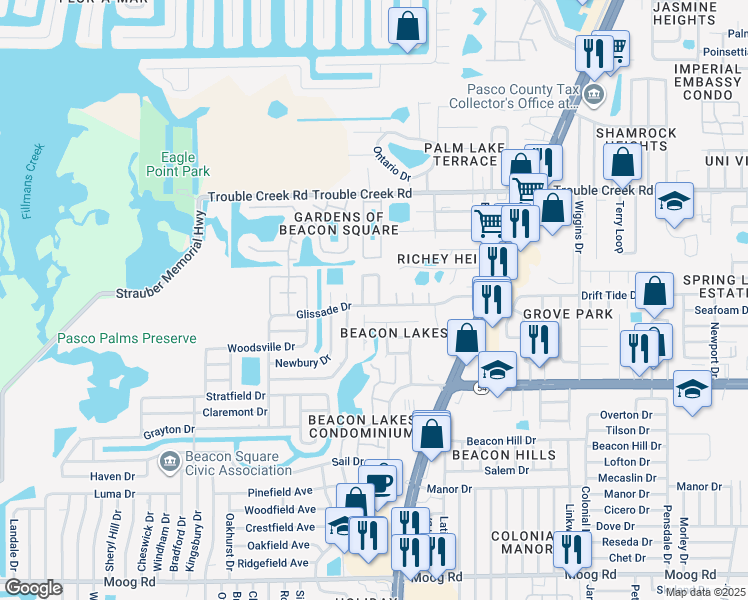 map of restaurants, bars, coffee shops, grocery stores, and more near 4501 Tidal Pond Road in New Port Richey