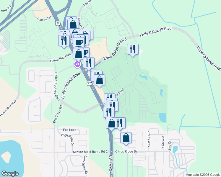 map of restaurants, bars, coffee shops, grocery stores, and more near 209 Royal Troon Loop in Davenport