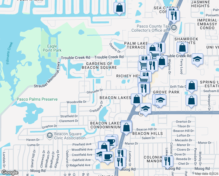 map of restaurants, bars, coffee shops, grocery stores, and more near 4501 Tidal Pond Road in New Port Richey