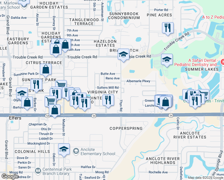 map of restaurants, bars, coffee shops, grocery stores, and more near 4135 Pecos Drive in New Port Richey