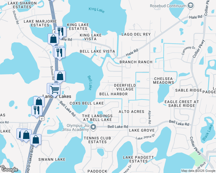 map of restaurants, bars, coffee shops, grocery stores, and more near 4320 Libby Lane in Land O' Lakes