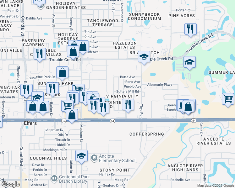 map of restaurants, bars, coffee shops, grocery stores, and more near 4209 Mesa Drive in New Port Richey