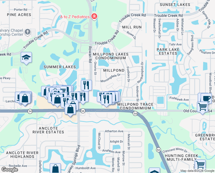 map of restaurants, bars, coffee shops, grocery stores, and more near 4151 Mc Clung Drive in New Port Richey