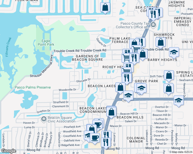 map of restaurants, bars, coffee shops, grocery stores, and more near 4240 Sheldon Place in New Port Richey