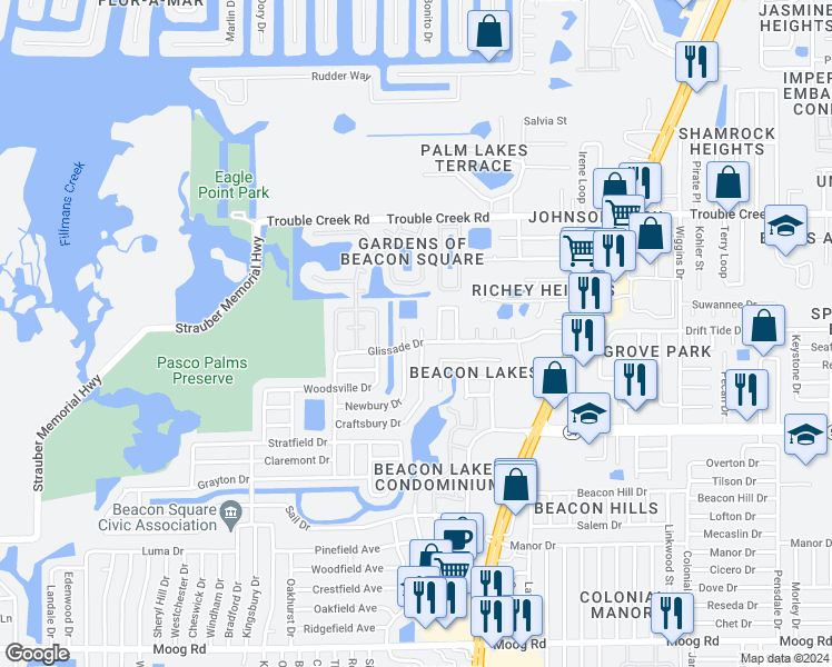 map of restaurants, bars, coffee shops, grocery stores, and more near 4213 Trucious Place in New Port Richey