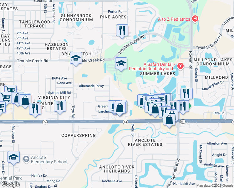 map of restaurants, bars, coffee shops, grocery stores, and more near 1104 North Ranchwood Court in New Port Richey